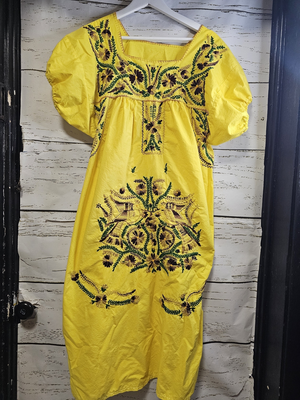 Mexican Hand Embroidered Folk Dress Yellow Floral Bird Embroidery Puff Sleeve
